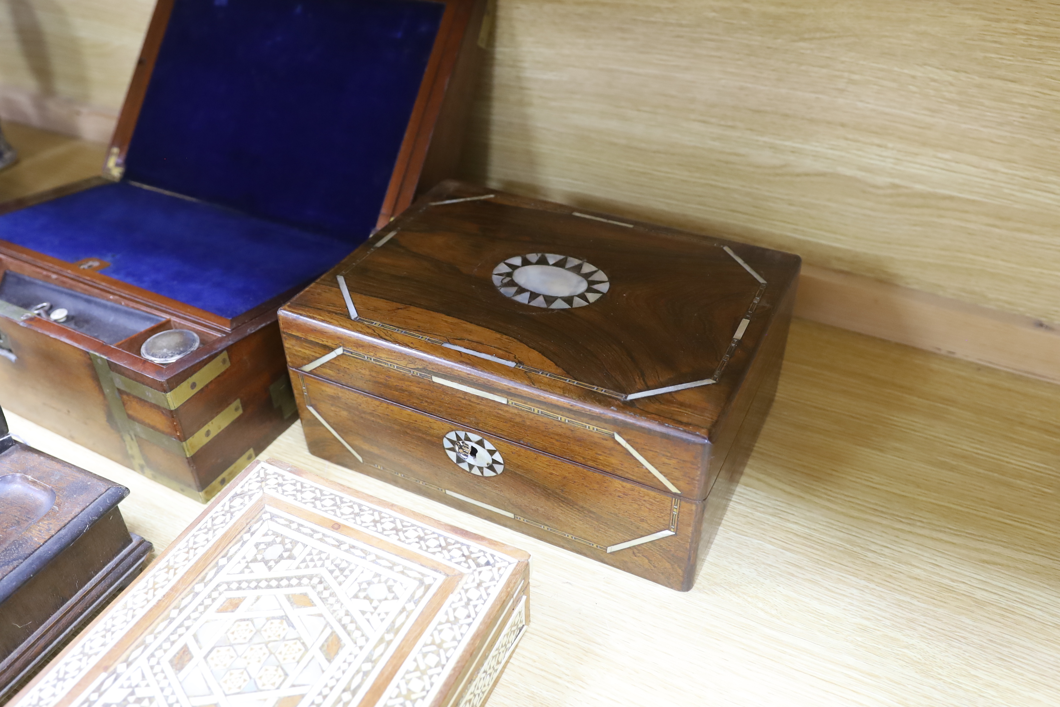Four various boxes - a brass bound writing slope, a Moroccan inlaid box, mother of pearl inlaid sewing box and another